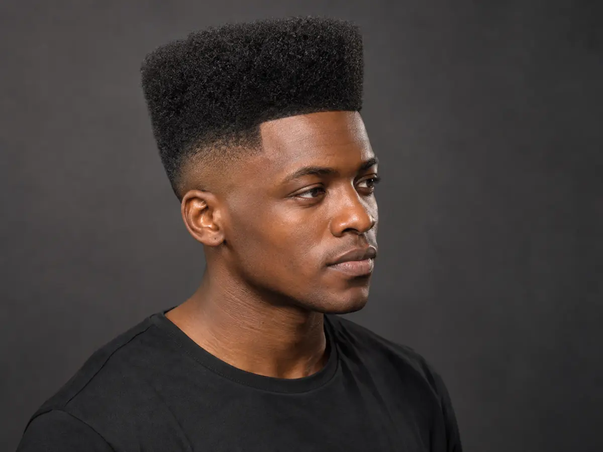 High-top fade hairstyle inspiration — A shaped high top with closely faded sides.