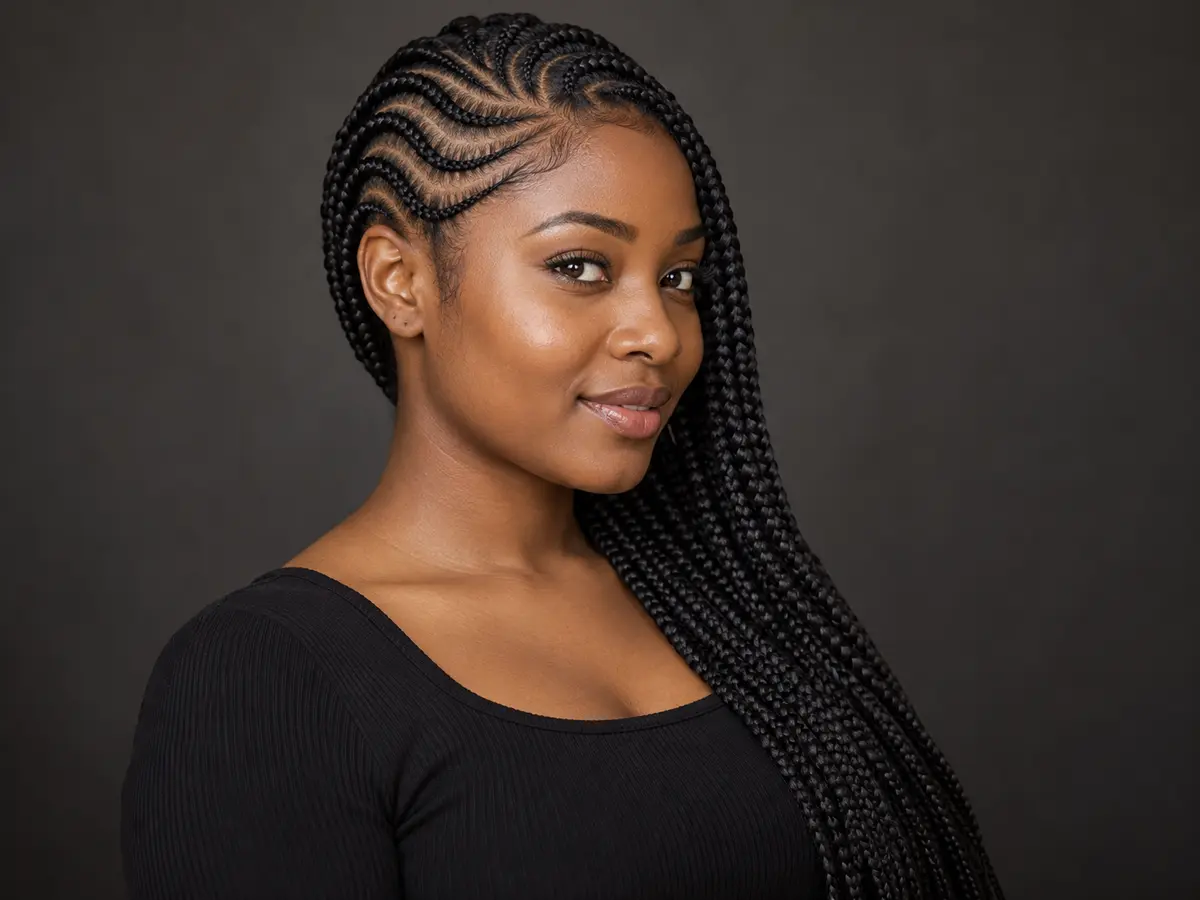 Swept cornrows hairstyle inspiration — Curved scalp braids swept neatly to one side.