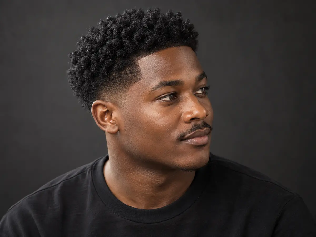 Tapered curls hairstyle inspiration — Defined curls on top with a soft taper.